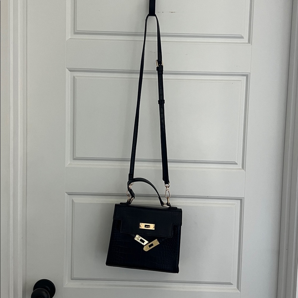 Black Croc-Embossed Crossbody Bag with Gold Accents
